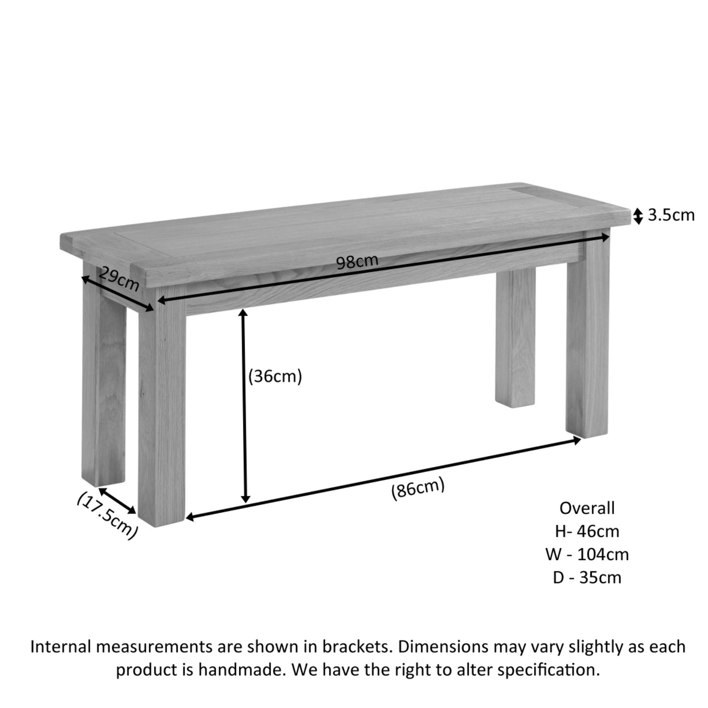 Braemar 104cm Medium Bench Oak dimensions