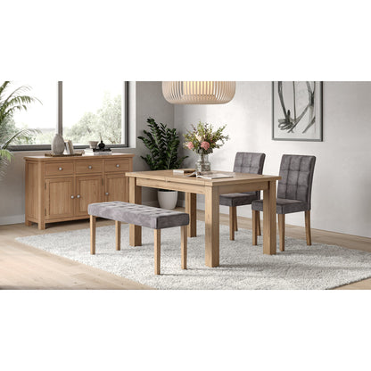 Braemar 4-6 Seater Medium Extending Dining Table Oak closed with Mar Dining Chair and Mar 104cm Medium Dining Bench