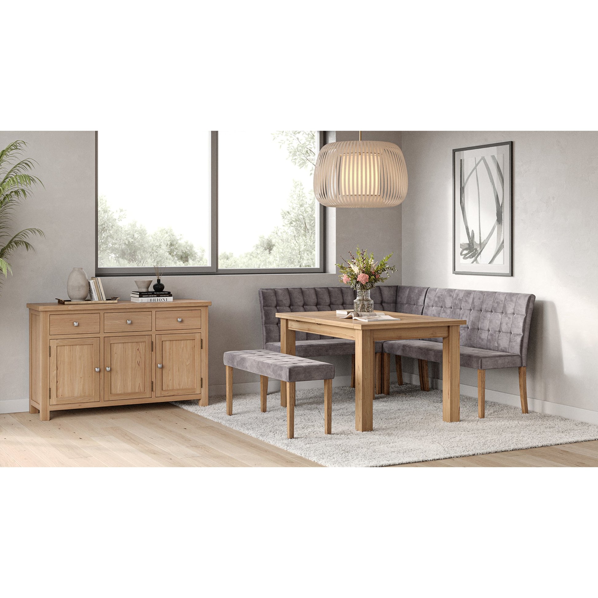 Braemar 4-6 Seater Medium Extending Dining Table Oak closed with Mar Corner Bench Set and Mar 104cm Medium Dining Bench