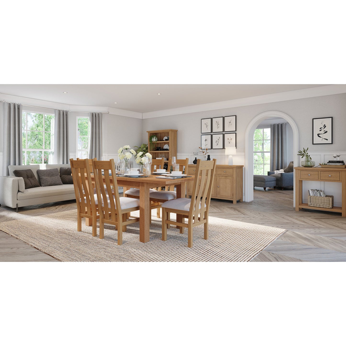 Braemar 4-6 Seater Medium Extending Dining Table Oak extended with Braemar River Dining Chair wide view