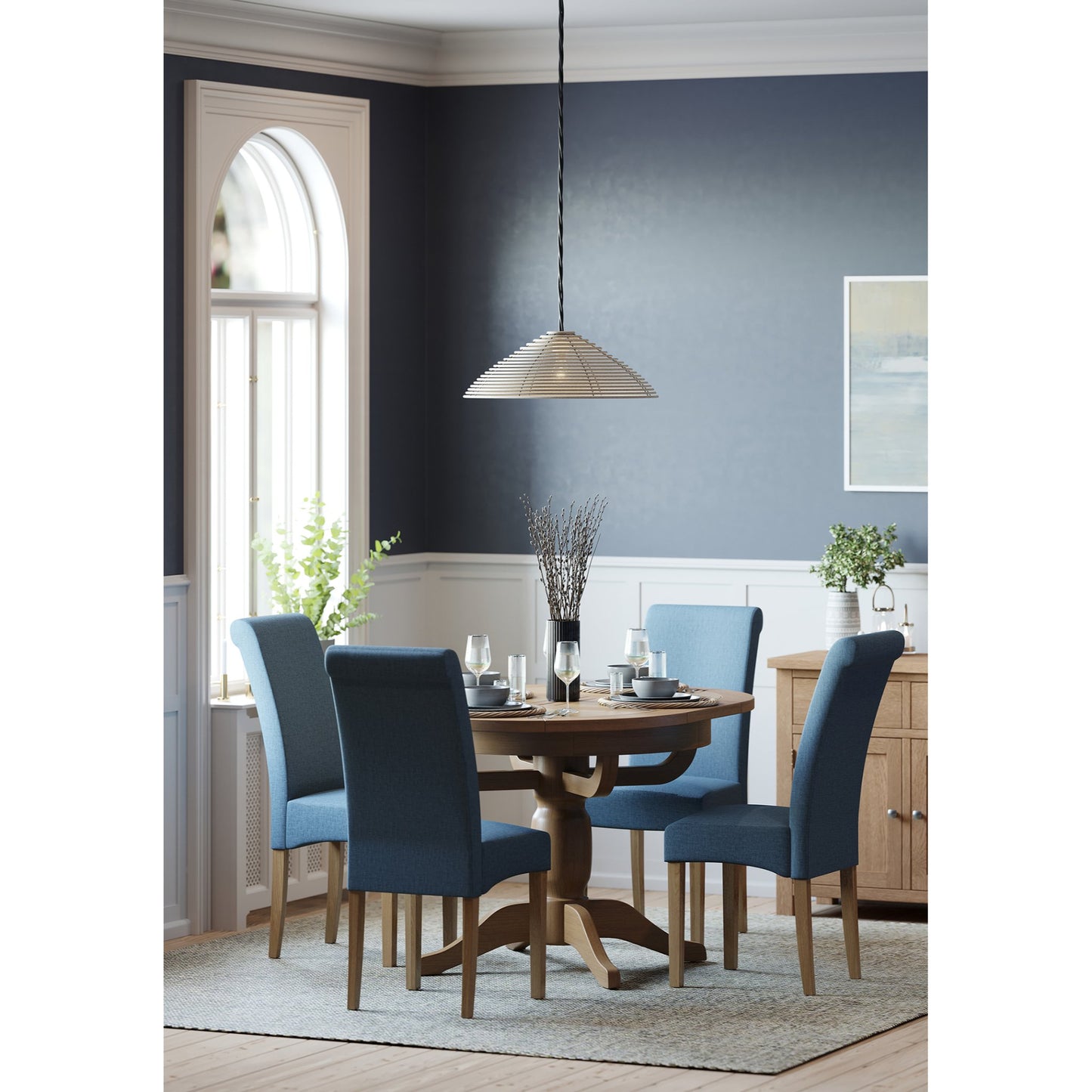 Braemar 4 Seater Round Extending Dining Table Oak extended with Inver Dining Chair Oak Blue