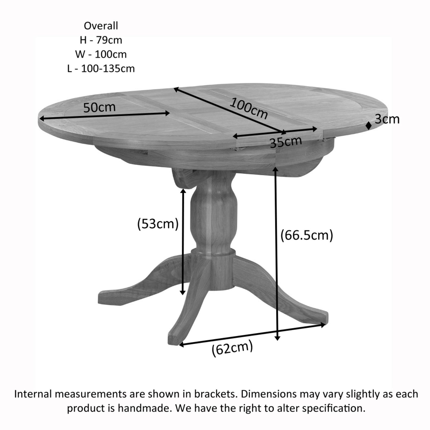 Braemar 4 Seater Round Extending Dining Table Oak dimensions