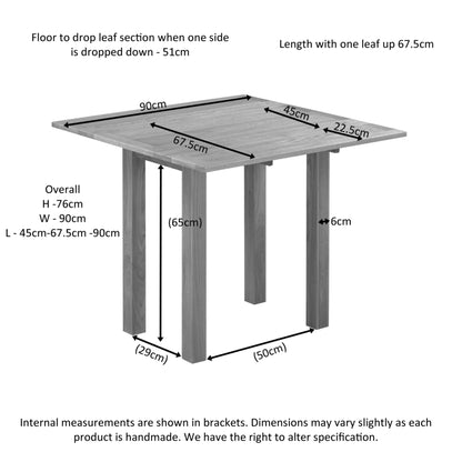 Braemar 4 Seater Square Drop Leaf Dining Table Oak dimensions