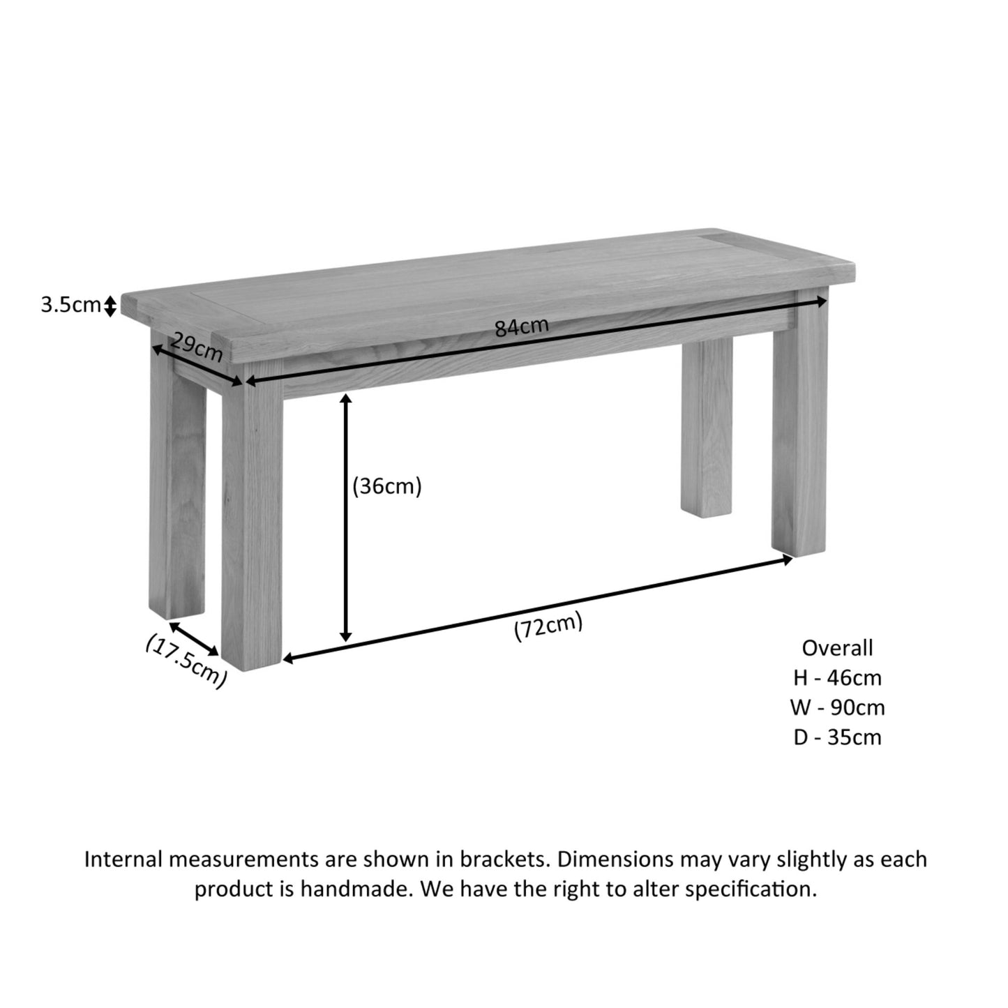 Braemar 90cm Small Dining Bench Oak dimensions