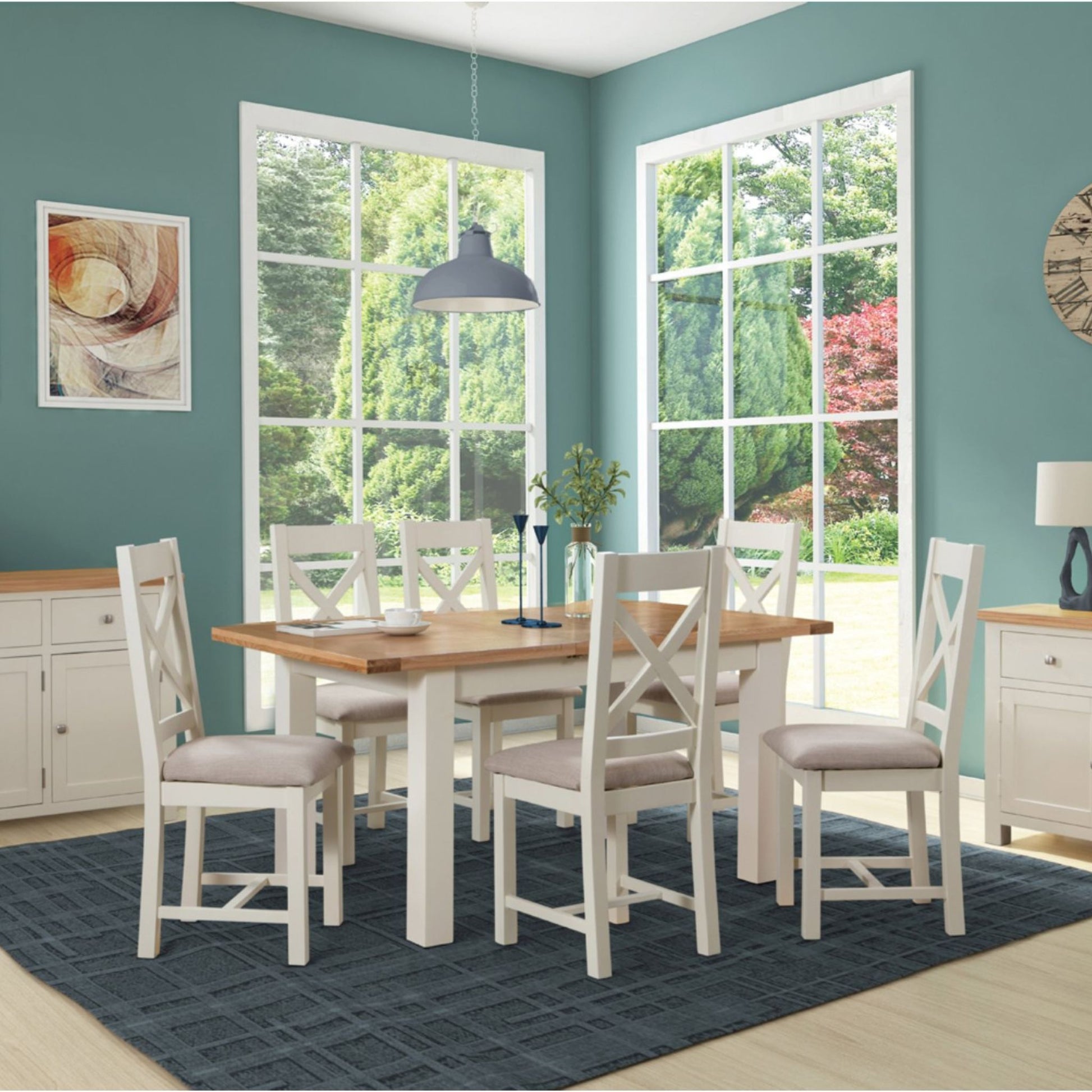 Braemar Painted 4-6 Seater Medium Extending Dining Table Oak part extended with Braemar Painted Cross Back Dining Chair