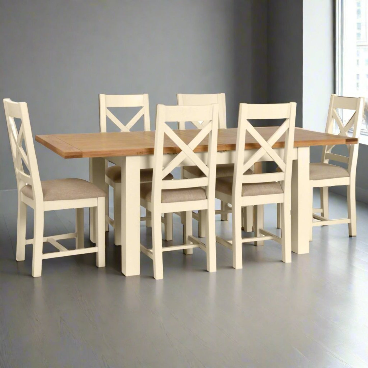 Braemar Painted 4-6 Seater Medium Extending Dining Table Oak fully extended with Braemar Painted Cross Back Dining Chair