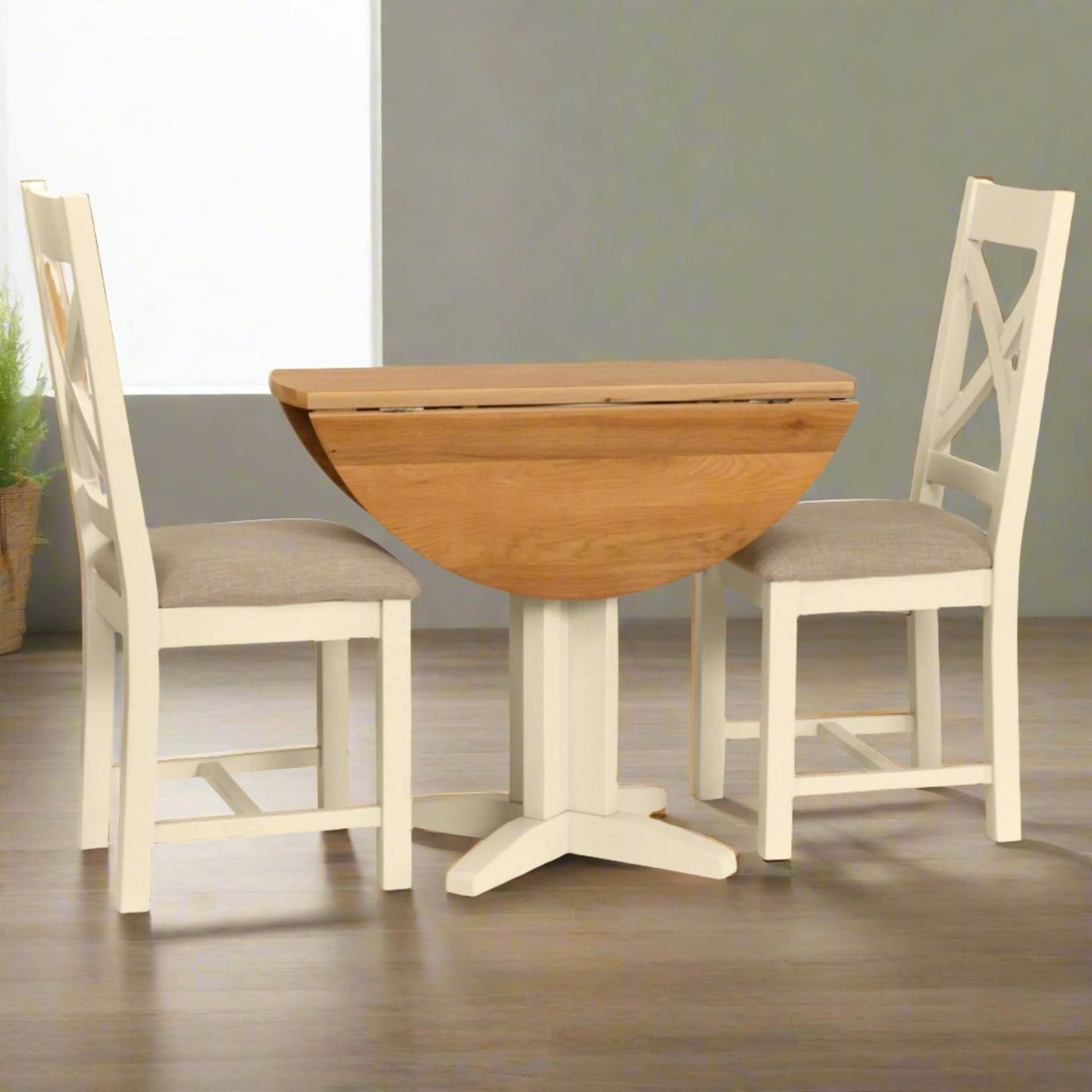 Braemar Painted 4 Seater Round Drop Leaf Dining Table Oak down with Braemar Painted Cross Back Dining Chair