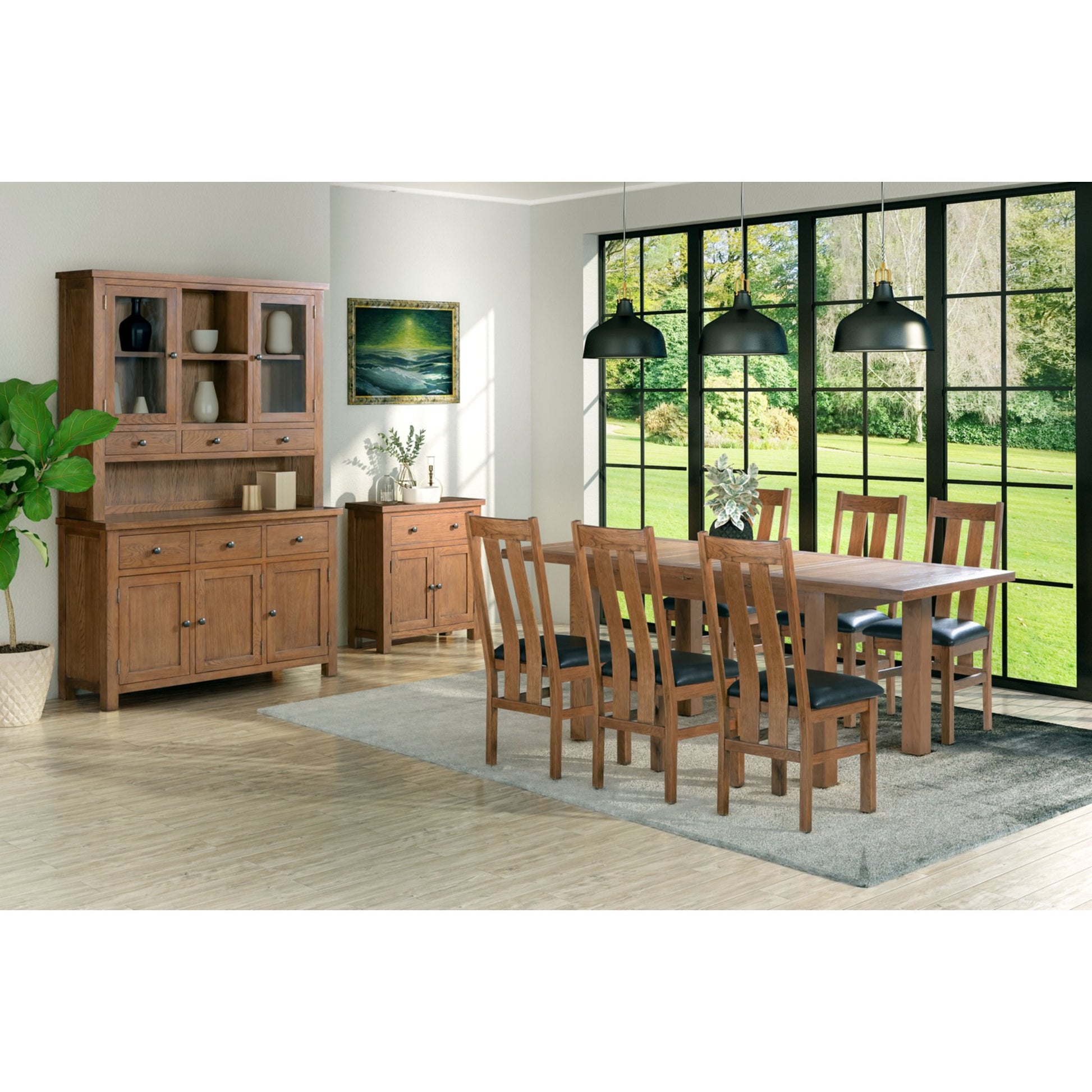 Braemar Rustic 4-6 Seater Medium Extending Dining Table Oak extended with Braemar Rustic River Dining Chair wide view