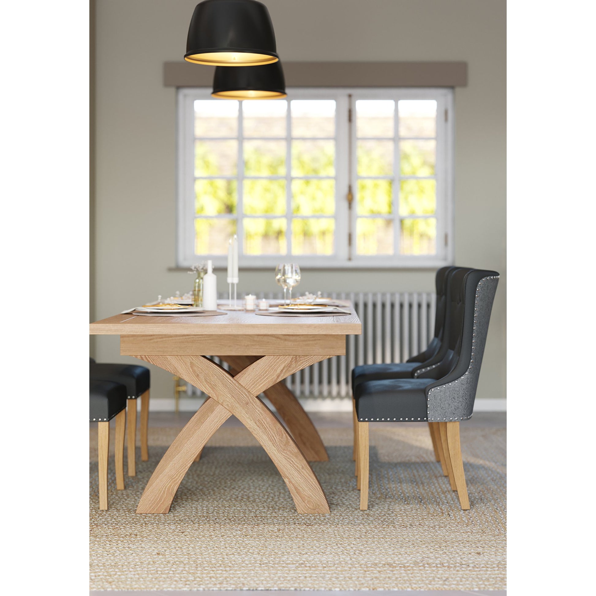 Crathie Dining Chair Oak Grey with Braemar 4-6 Seater Cross Legged Extending Dining Table Oak side view