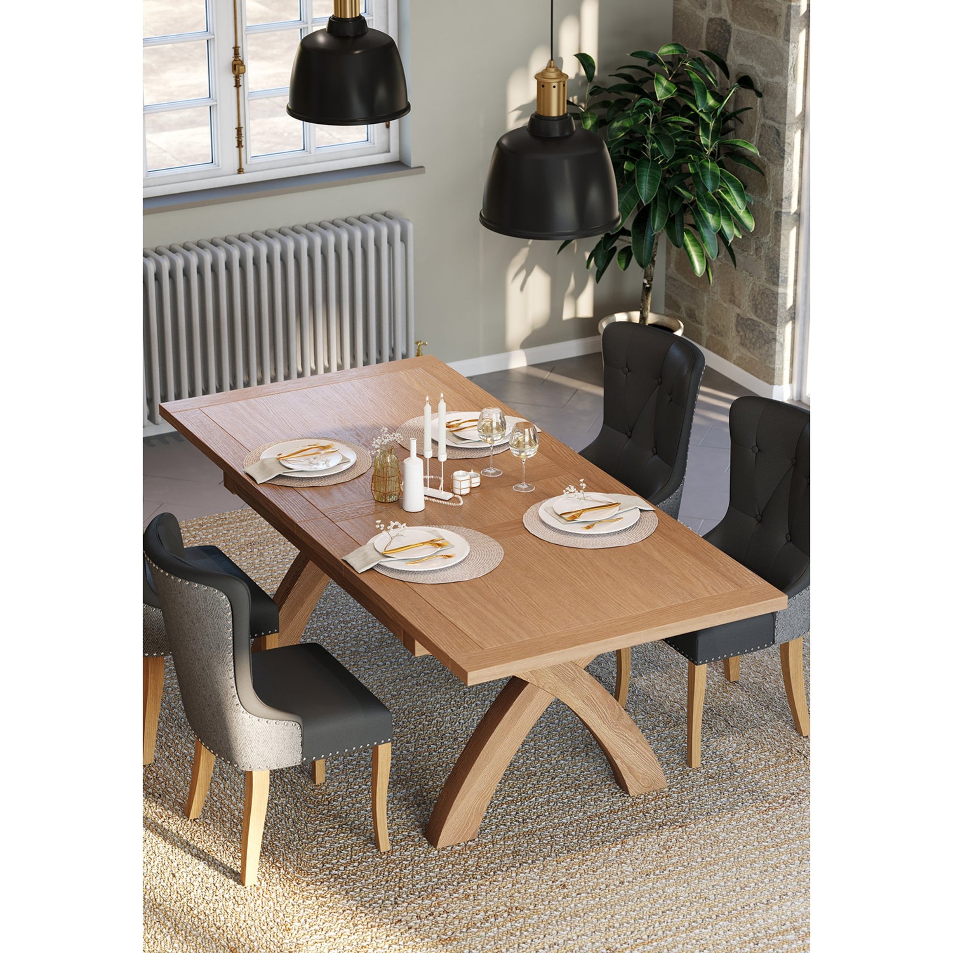 Crathie Dining Chair Oak Grey with Braemar 4-6 Seater Cross Legged Extending Dining Table Oak above view