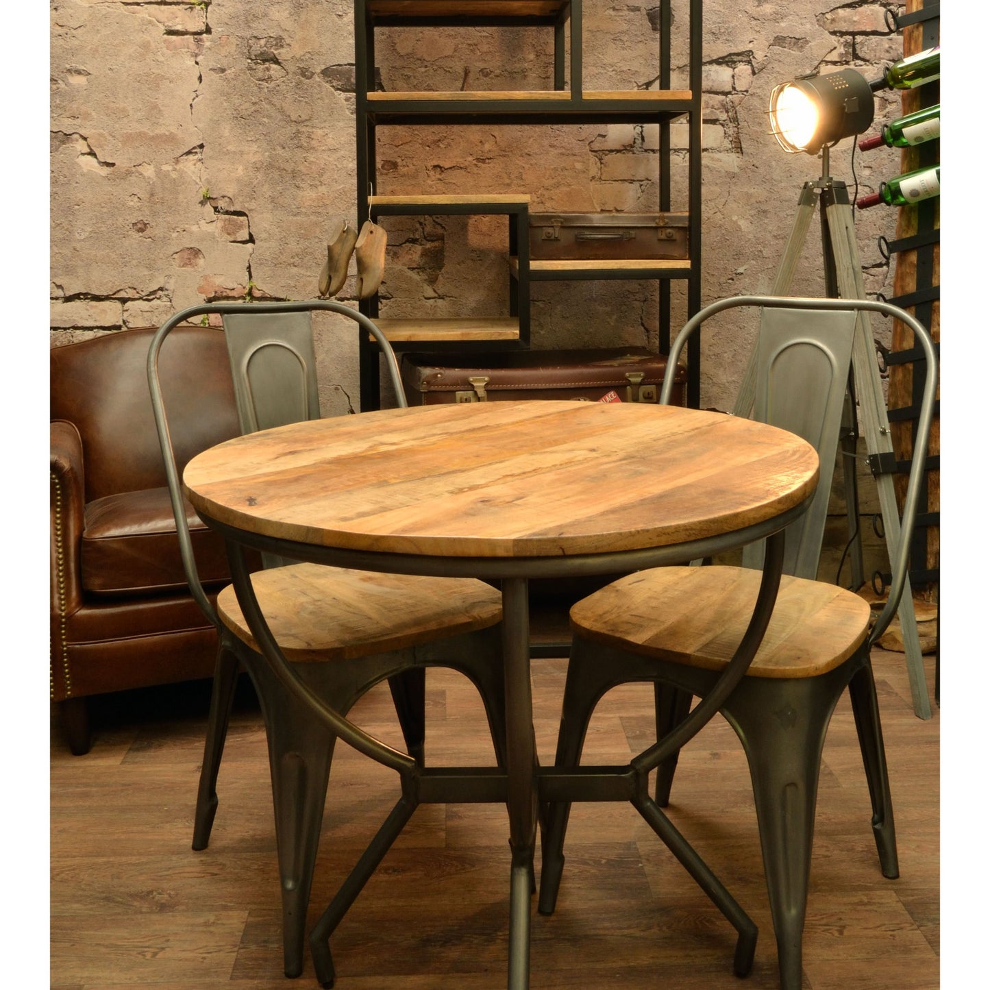 Forge 4 Seater Round Dining Table Mango Wood Steel early industrial look with Forge Dining Chair