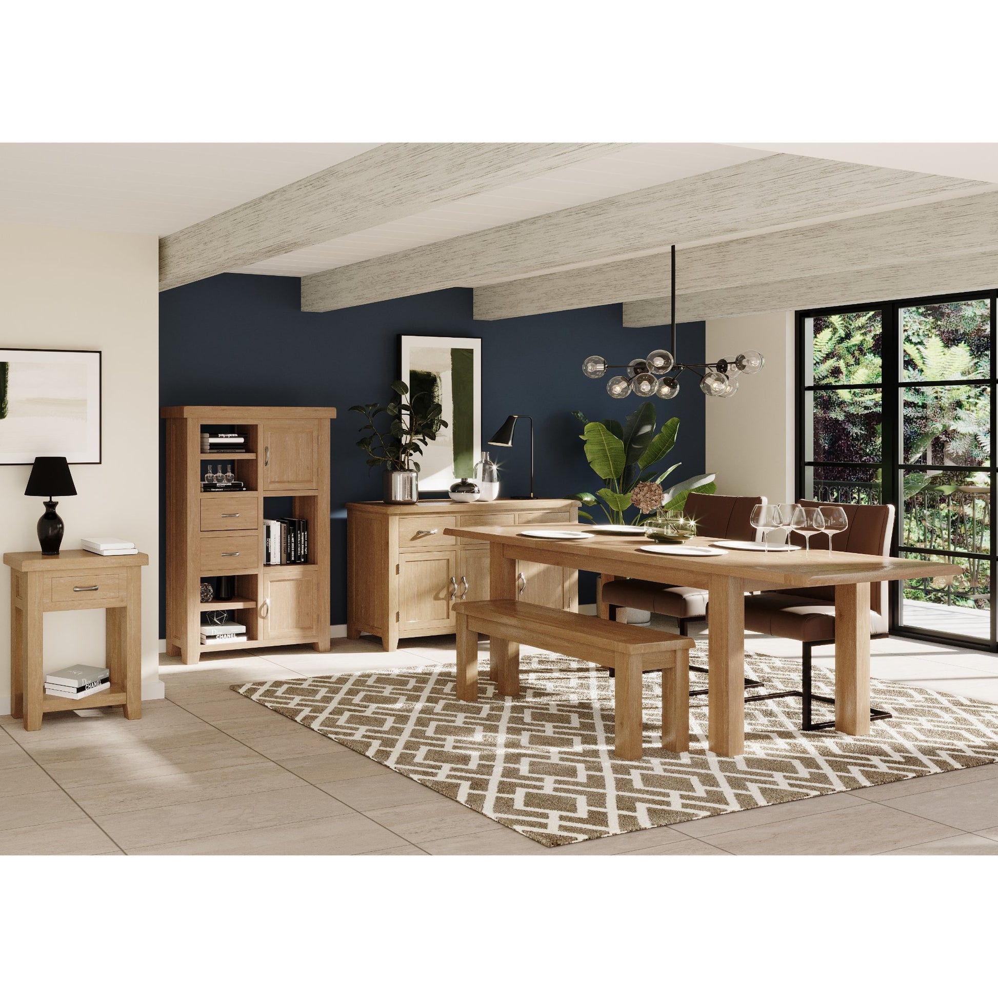 Killington 4-6 Seater Medium Extending Dining Table Oak extended with Killington 104cm Medium Dining Bench Oak and Killington Dining Chair wide view