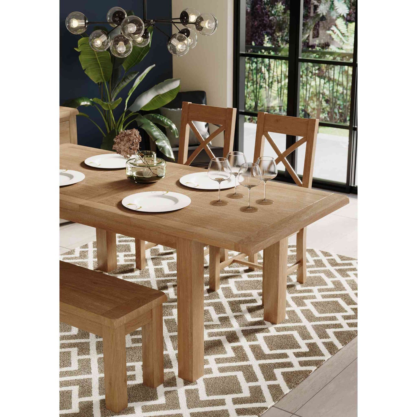 Killington Cross Back Dining Chair Oak with Killington 4-6 Seater Medium Extending Dining Table Oak extended and Killington 104cm Medium Dining Bench Oak above view