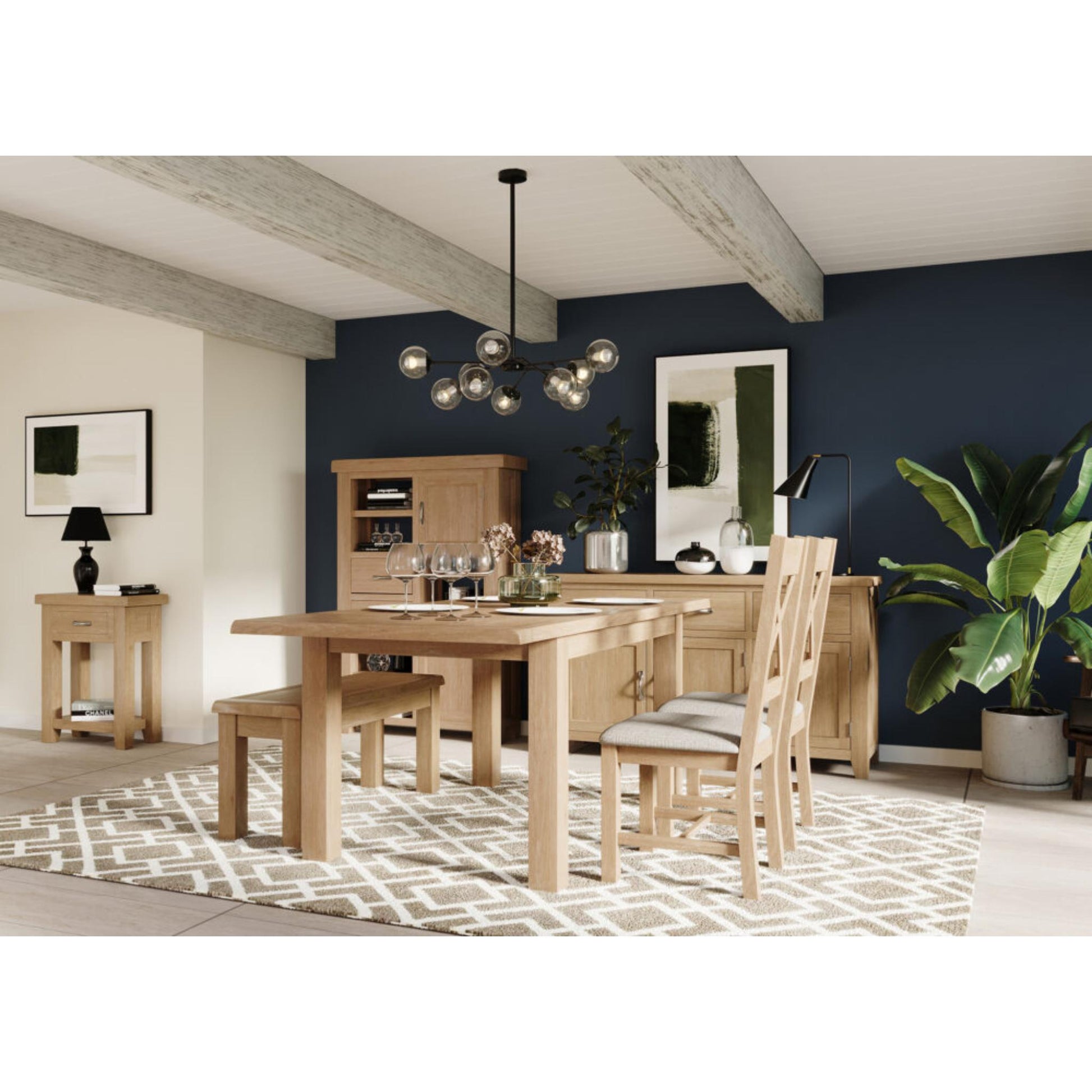 Killington 4-6 Seater Medium Extending Dining Table Oak extended with Killington Cross Back Dining Chair Oak and Killington 104cm Medium Dining Bench Oak side view wide