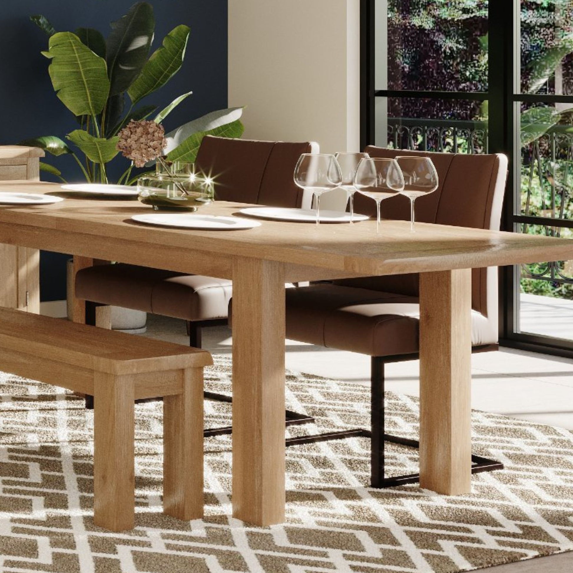 Killington Dining Chair with Killington 4-6 Seater Medium Extending Dining Table Oak extended and Killington 104cm Medium Dining Bench Oak close view