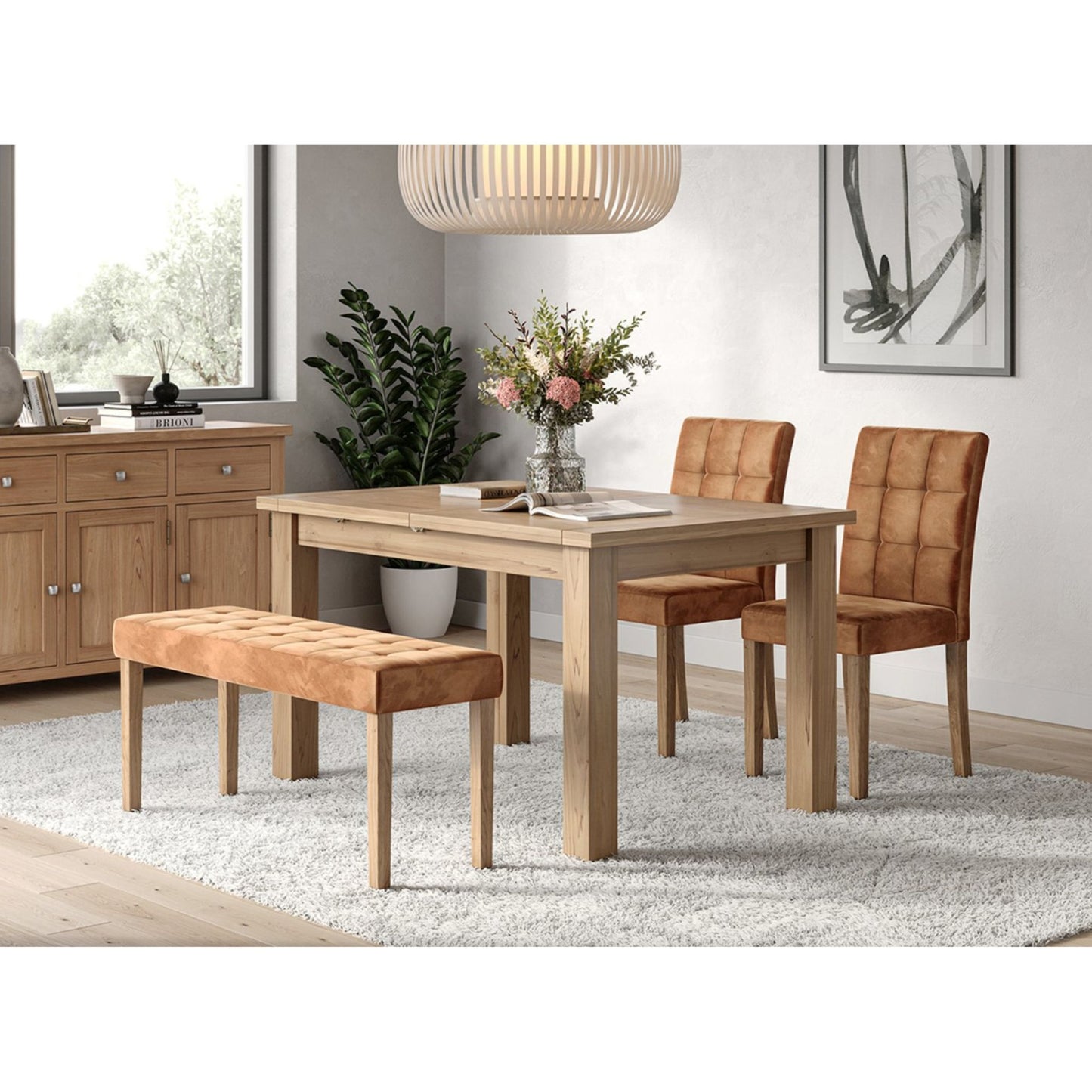 Mar Dining Chair Oak Sunset and Mar 104cm Medium Dining Bench Oak Sunset