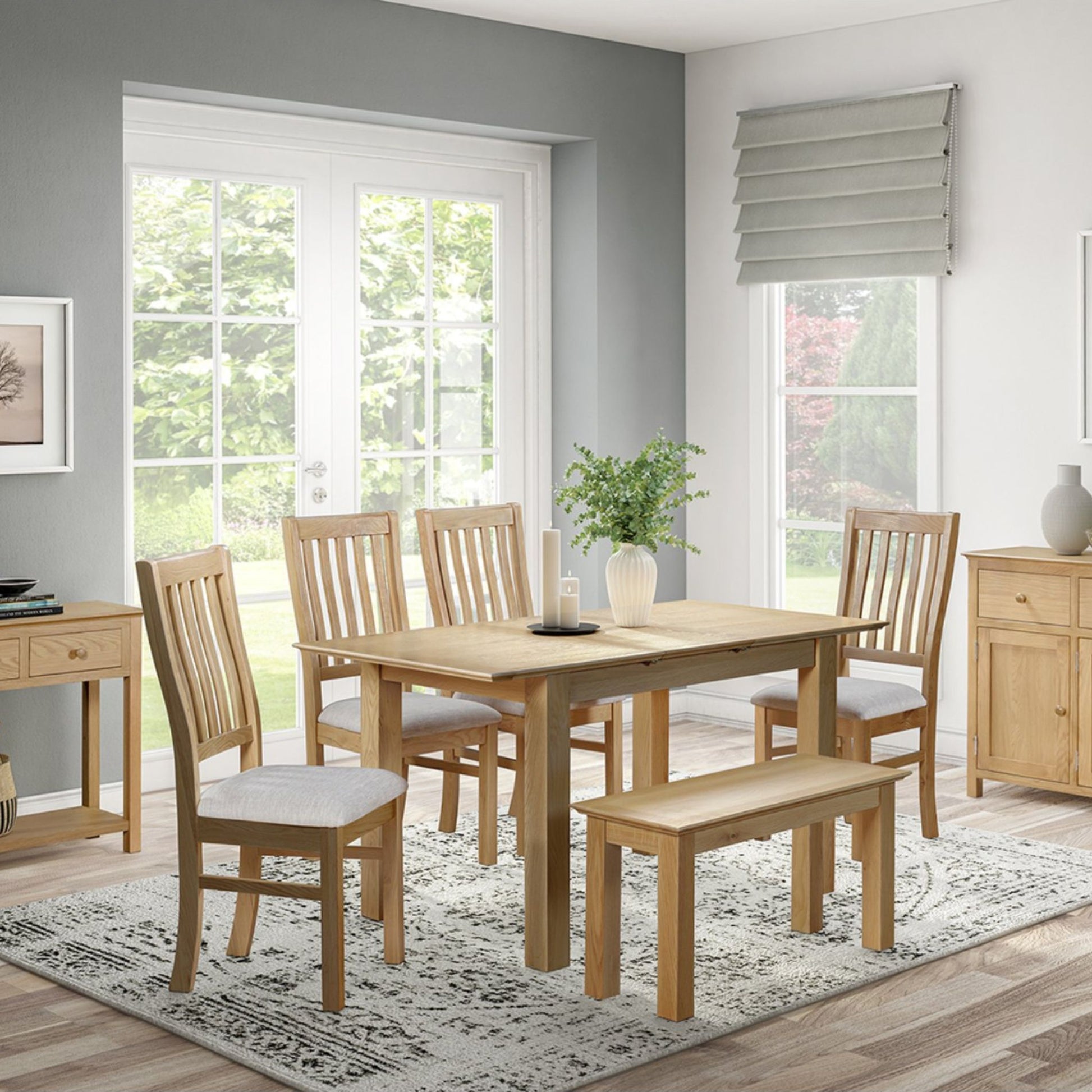 Stowe 4-6 Seater Extending Dining Table Oak extended with Stowe Dining Chair Oak and Stowe 90cm Small Dining Bench Oak