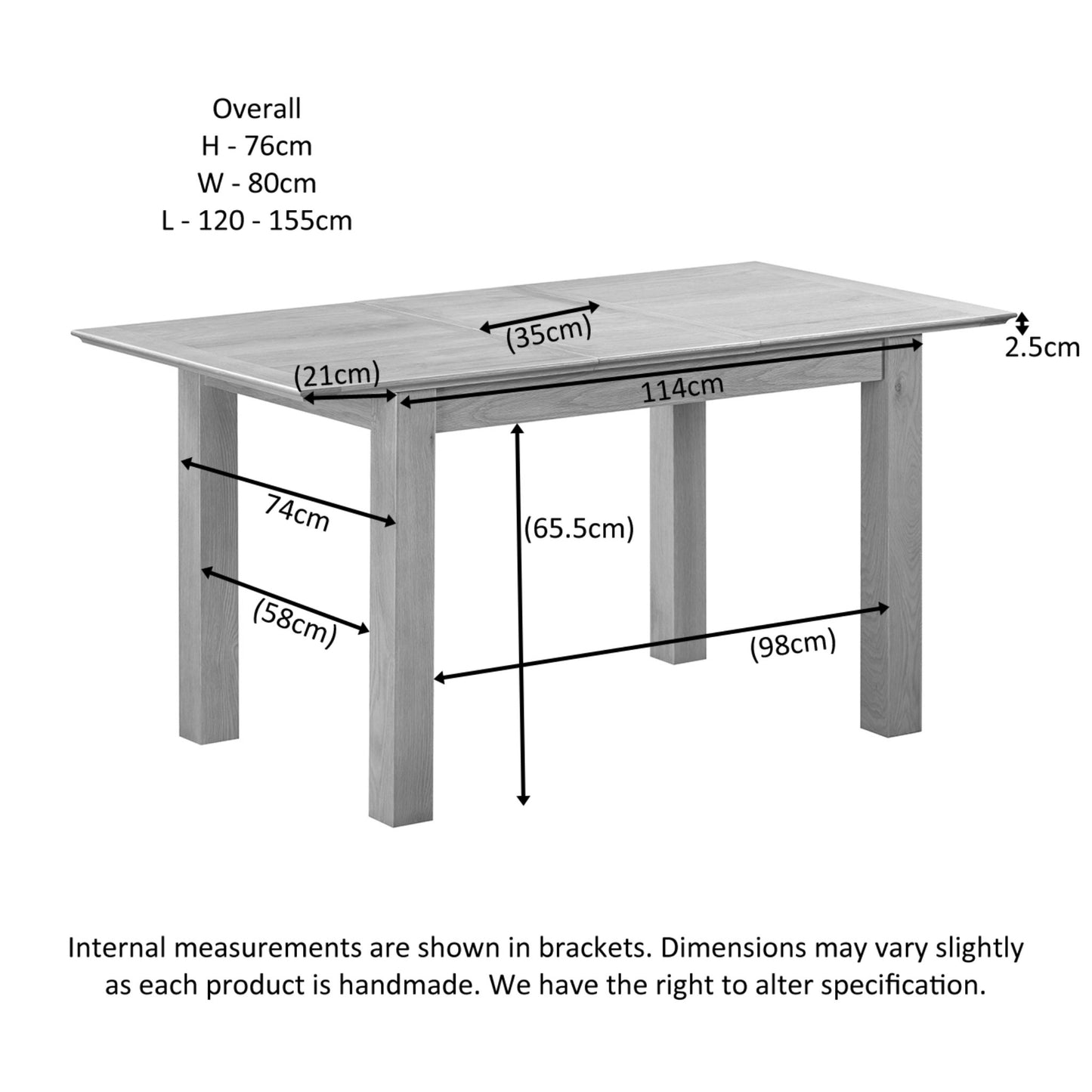 Stowe 4-6 Seater Extending Dining Table Oak dimensions