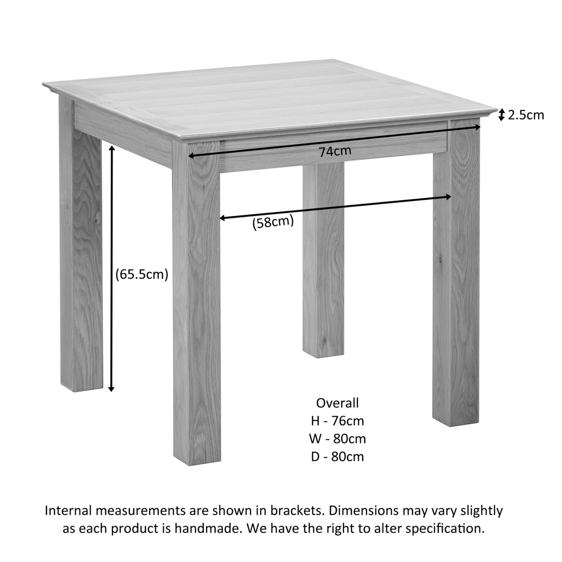 Stowe 4 Seater Square Dining Table Oak dimensions