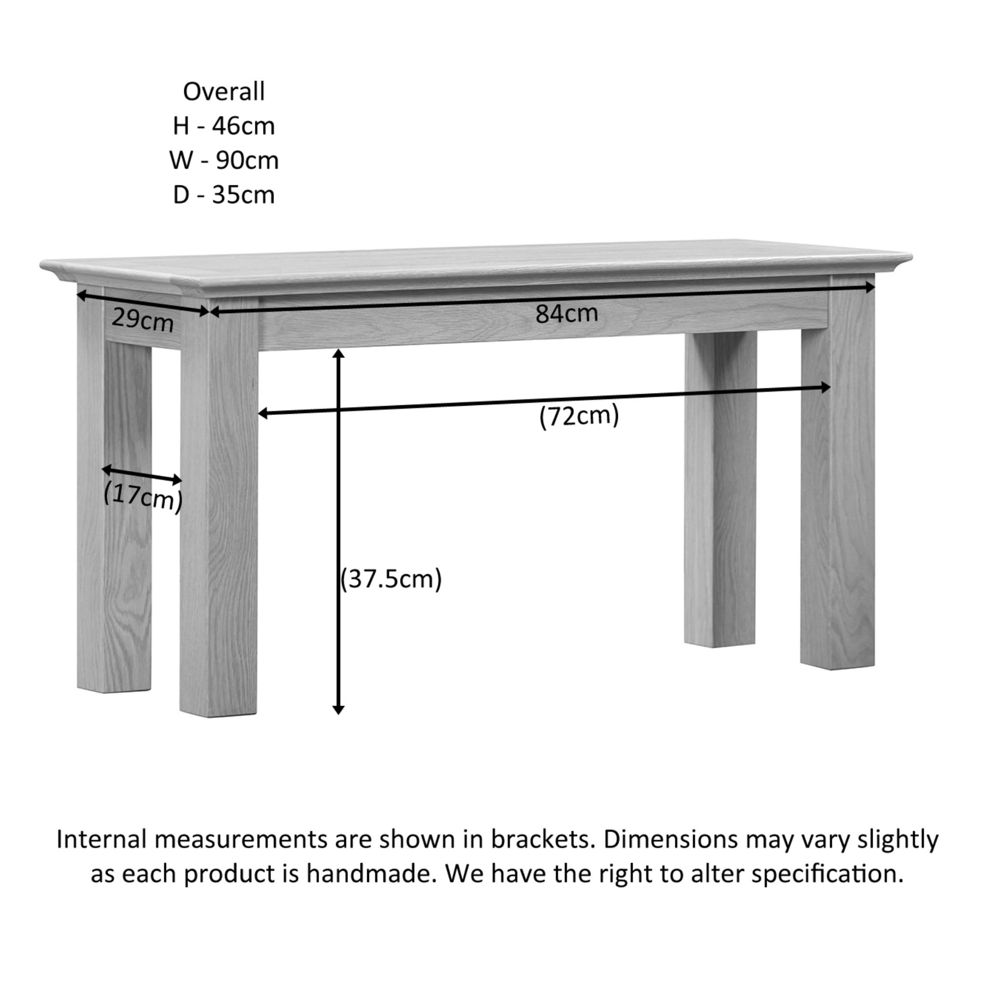 Stowe 90cm Small Dining Bench Oak dimensions